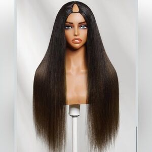 UNICE V Part Human Hair Wig Yaki Straight 150% Density Chestnut Brown 20inch